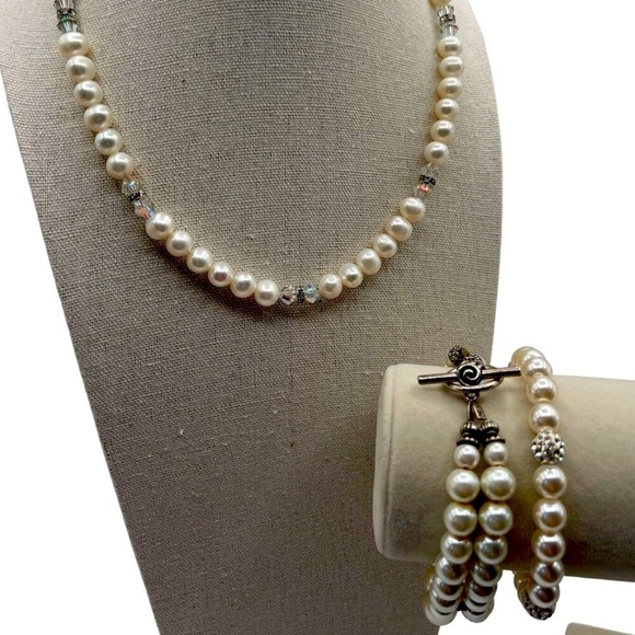 Vintage Pearl Necklace Bracelet & Anklet Set Rhinestones Chic Crystal Silver N88 - Picture 1 of 5